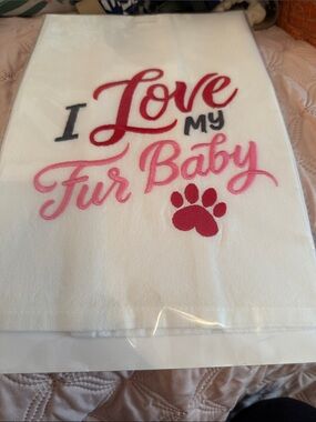 I Love My Fur Baby Embroidered White Pet Towel - Pink & Red Script